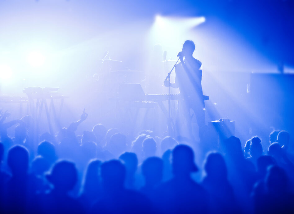 Signer in silhouette in front of a big crowd